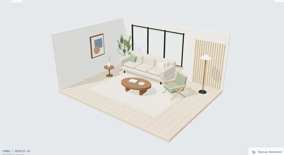 Sala conceptual en 3D con sofá, butaca y mesa